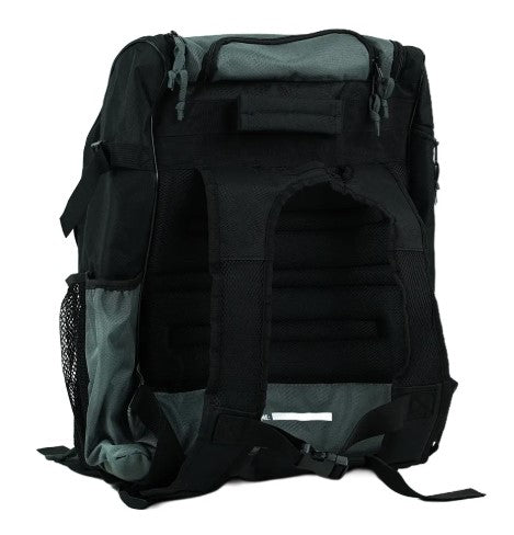 The S1 Helmet / Gear Backpack in black and gray is shown from the back, featuring padded shoulder straps, mesh side pockets, and a ventilated back panel—ideal as a compact racing gear bag.