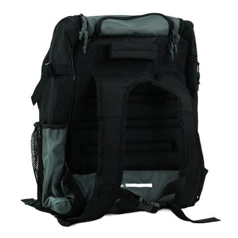 The S1 Helmet / Gear Backpack in black and gray is shown from the back, featuring padded shoulder straps, mesh side pockets, and a ventilated back panel—ideal as a compact racing gear bag.