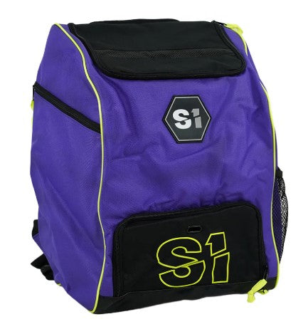 The S1 Helmet / Gear Backpack is purple and black with yellow trim and lettering, features multiple zippered compartments, and is perfect for carrying your Meybo helmet gear and essentials.