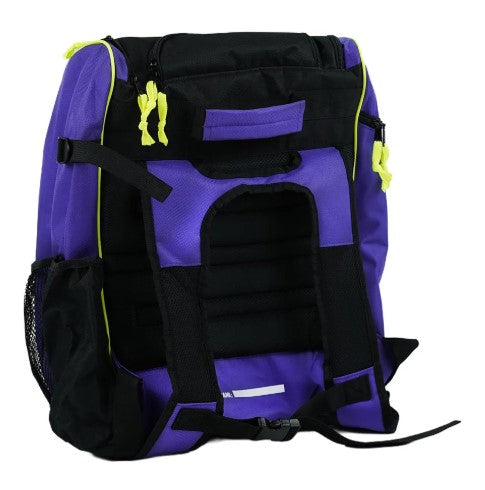 A purple and black S1 Helmet / Gear Backpack with yellow zipper pulls, side pockets, and padded shoulder straps is shown on a white background.