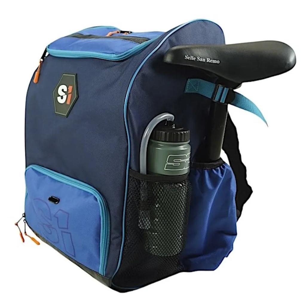 The S1 Helmet / Gear Backpack is blue with a side mesh pocket for a water bottle and saddle, zippered compartments, an S1 logo on the front, and is ideal as a racing gear bag for your helmet and accessories.