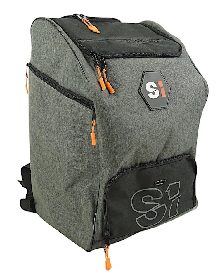 The S1 Helmet / Gear Backpack features a gray design with black accents, orange zipper pulls, and "S1" logos on the front pocket and top flap—ideal for carrying your Meybo helmet gear.
