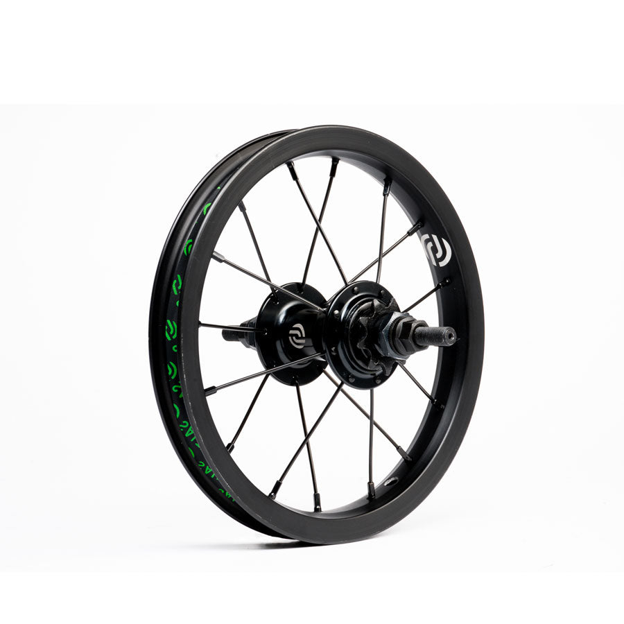 Salt Rookie Cassette 12 Inch Rear Wheel with spokes and green detailing featuring a 9t driver on a white background.