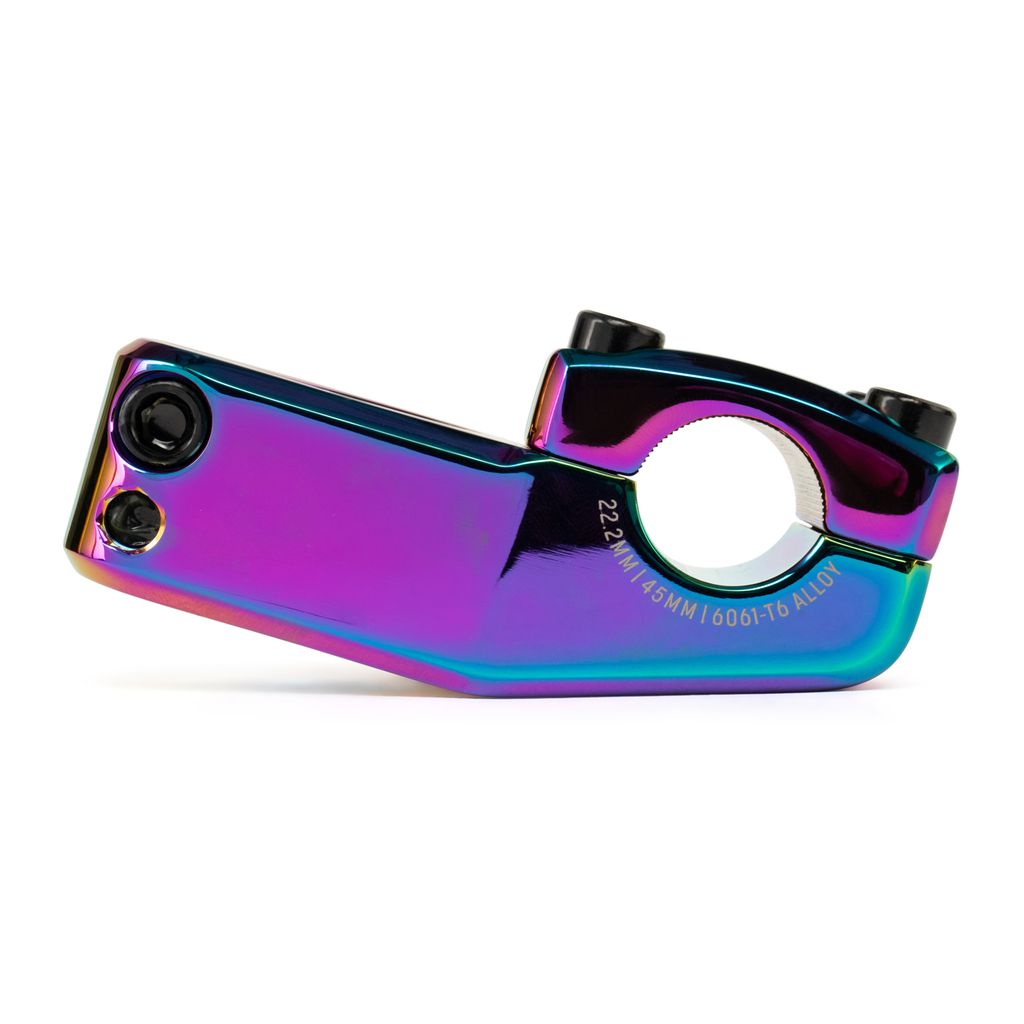The Salt AM 45 Top Load Stem features a vibrant iridescent alloy design with Shark Tooth Clamping, exposed bolts, and engraved specifications set against a white background. It's ideal for 18-inch bikes.