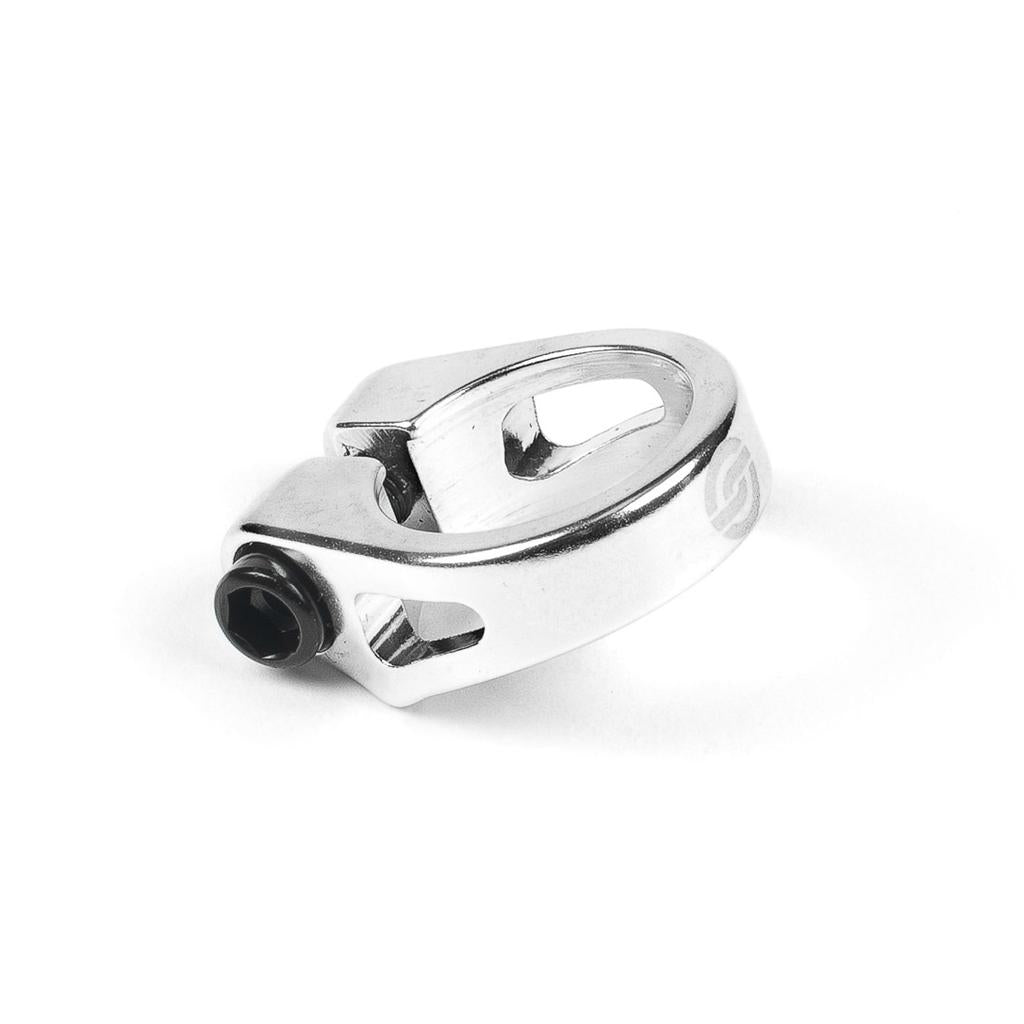 The Salt AM Seat Clamp, made from durable 6061 T6 alloy with a hex bolt, is a silver metal cable guide clamp designed for bicycle frame attachment, shown on a white background.