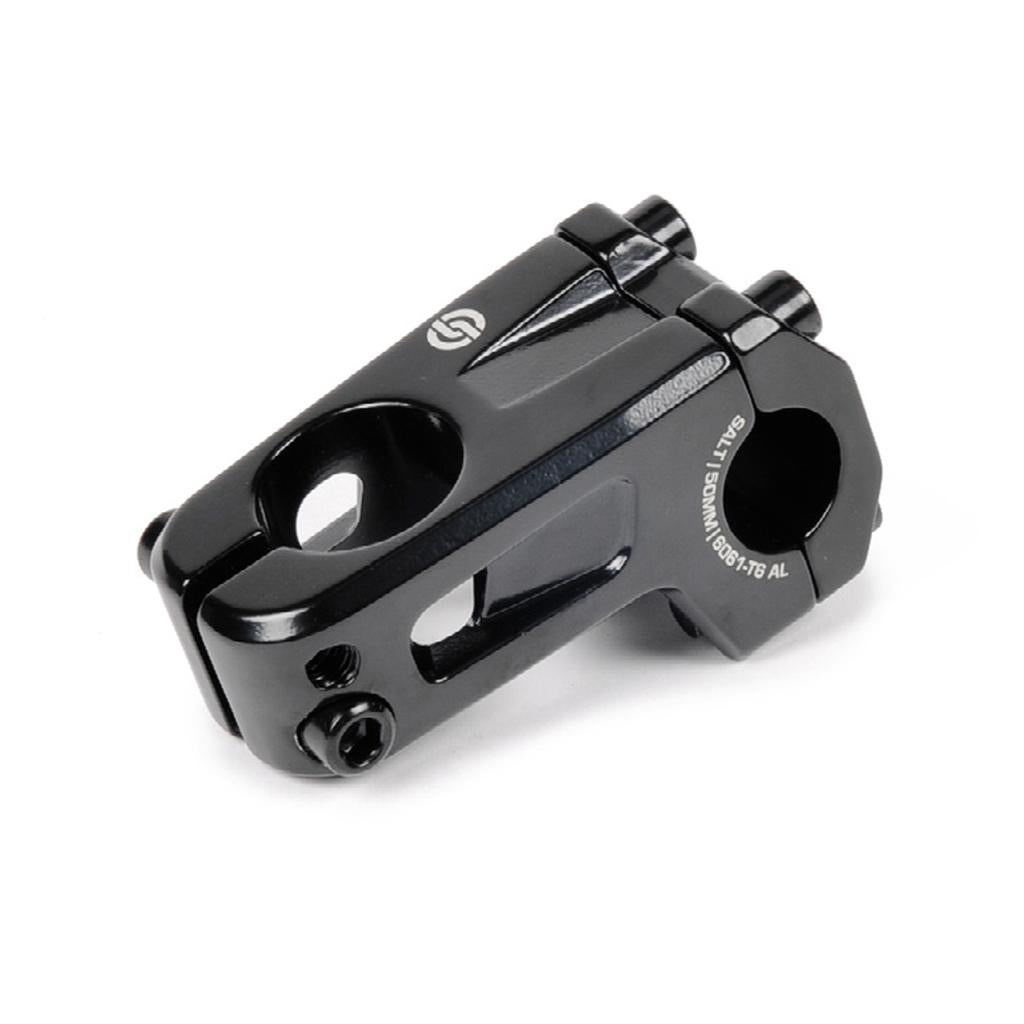 The Salt AM V2 Front Load Stem is crafted from durable 6061-T6 alloy, features multiple handlebar bolts and an etched logo on top, and comes in a sleek black finish.
