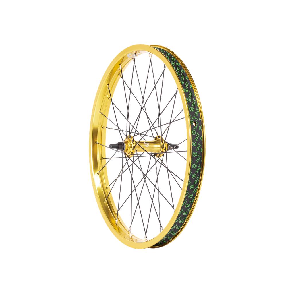 The Salt Everest Front Wheel features a shiny gold finish with intricately arranged silver spokes, a fully sealed hub, and green tire sidewalls with patterns.