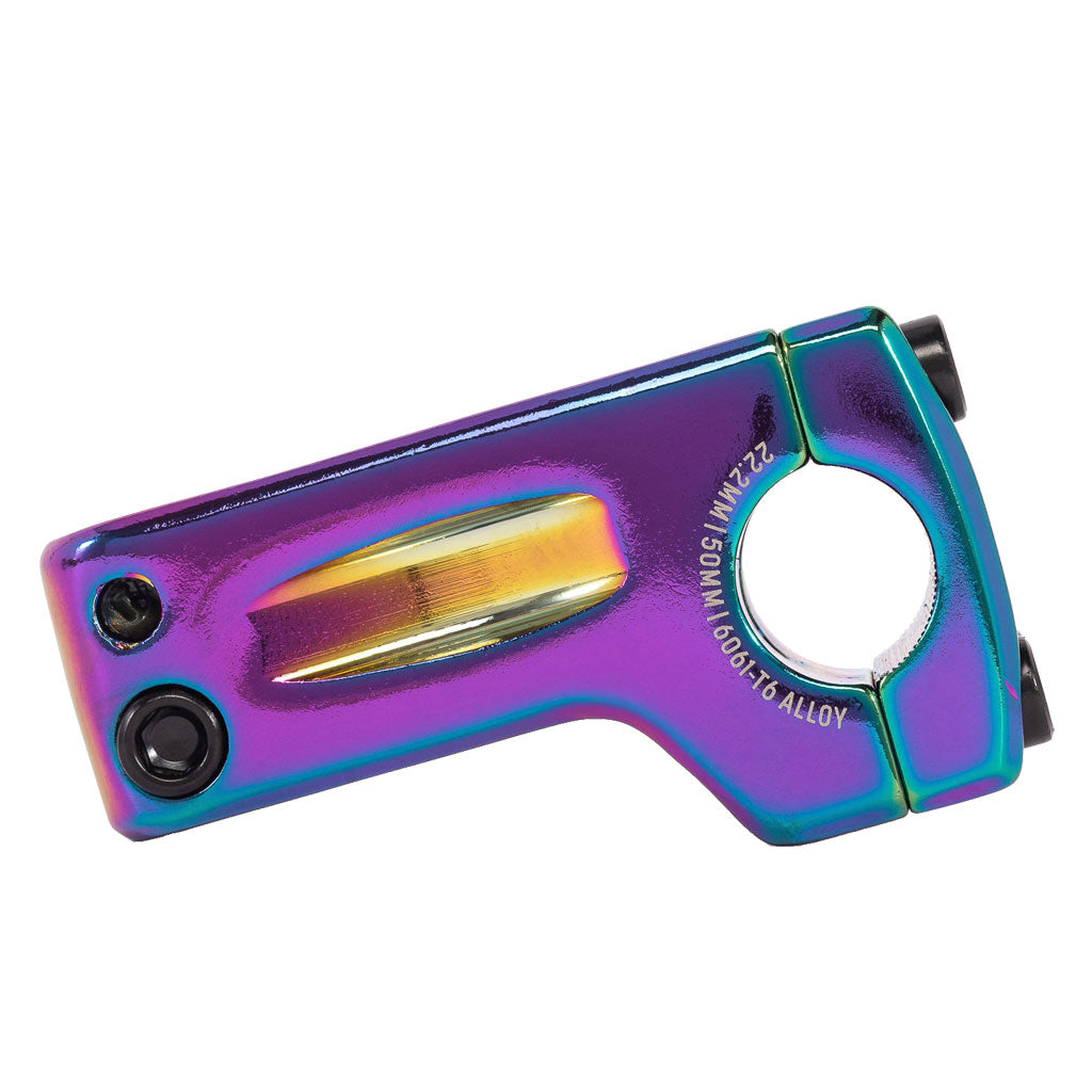 A colorful, iridescent Salt Pro V2 Front Load Stem with a carabiner clip, crafted from alloy 6061-T6.