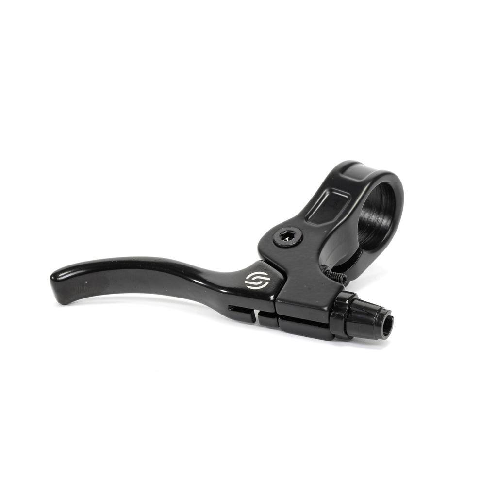 The Salt Moto V2 U Brake Lever is a black metal lever with a slim design, including a clamp and reach adjustment screw, shown isolated on a white background.