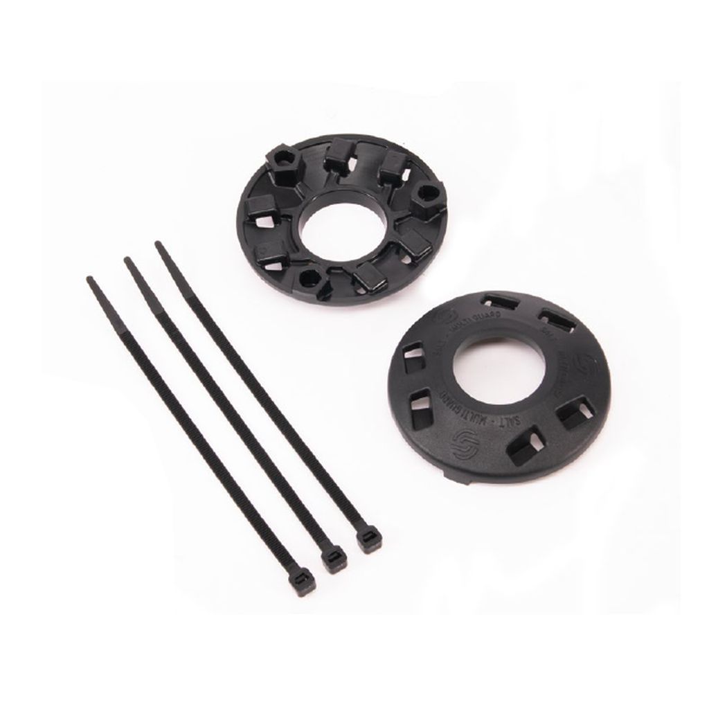 The image shows the Salt Multi Universal Front Hub Guard, which includes four black zip ties and two circular black plastic mounts made from injected nylon fiberglass composite, featuring several holes and slots around their circumference, likely used for securing objects together.