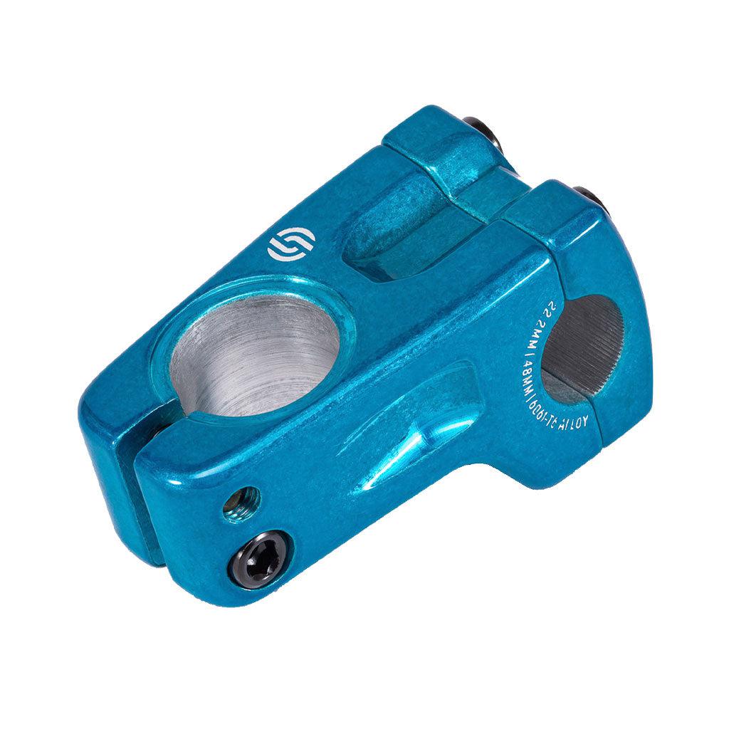 Blue Salt Pro V2 Front Load Stem bicycle seatpost clamp with stc clamping technology on a white background.