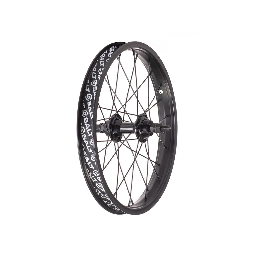The Salt Rookie Rear Wheel features alloy hubs, black spokes, a black hub, and white "SALT" branding on the rim. It has an M30 thread and is shown against a white background.