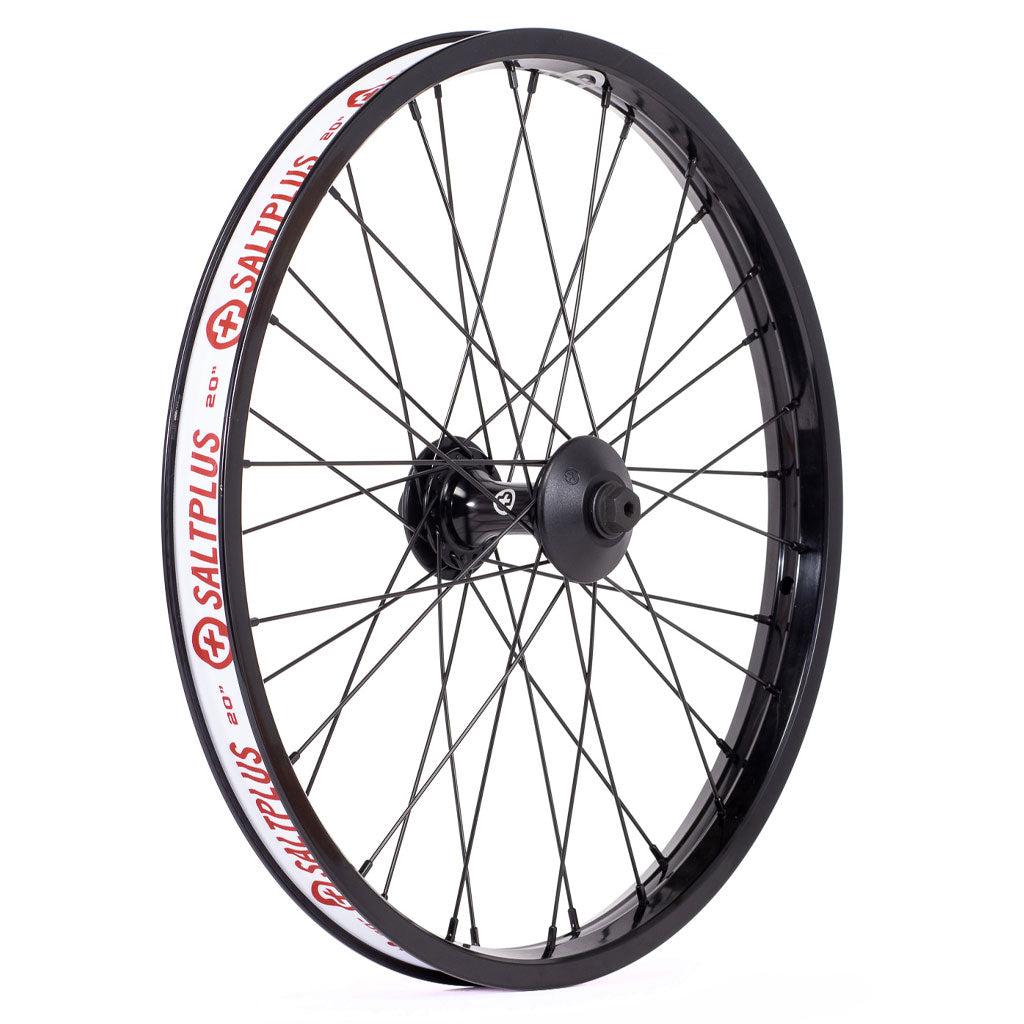 A Saltplus Summit 18 Inch Front Wheel with red and white logo featuring pro sealed front hub.