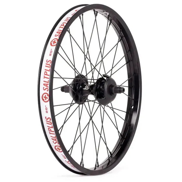 The Saltplus Summit 20 Inch Cassette Rear Wheel is a black bicycle wheel with red and white "SaltPlus" branding on the street rim.