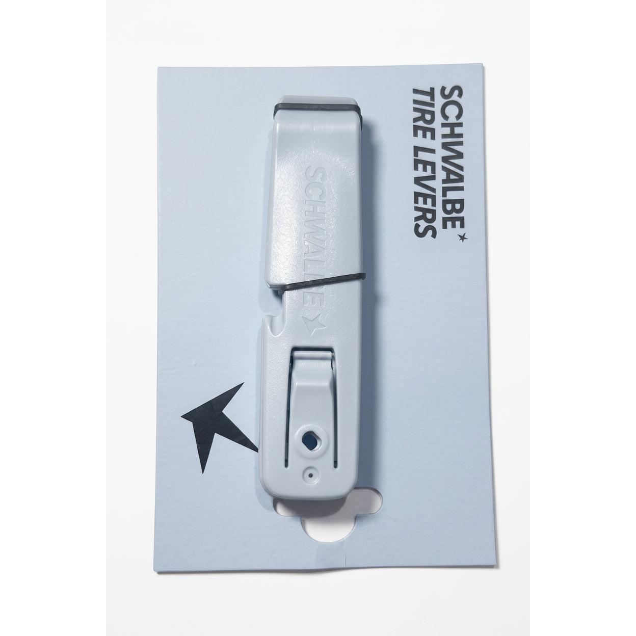 A package of Schwalbe Tire Levers, consisting of two blue plastic levers stacked together on a branded backing card—an essential tool for effortless bicycle tire removal.