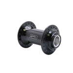 The SD Ace Pro Thru-Bolt Hub Front is a black anodized hub featuring multiple spoke holes, metallic accents, and sealed cartridge bearings. CNC machined from aluminum, it is elegantly displayed against a white background.