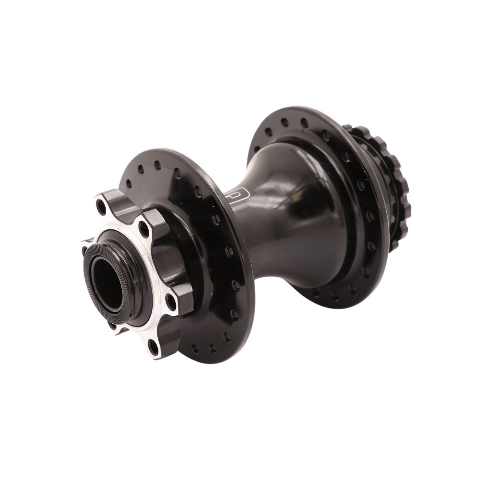 Introducing the SD Ace Pro Thru-bolt Rear Disc Hub: a stylish black bicycle hub with multiple spoke holes and a silver/black center. It features a 15mm thru-axle, gear attachment, and is disk brake compatible for optimal performance on any ride.