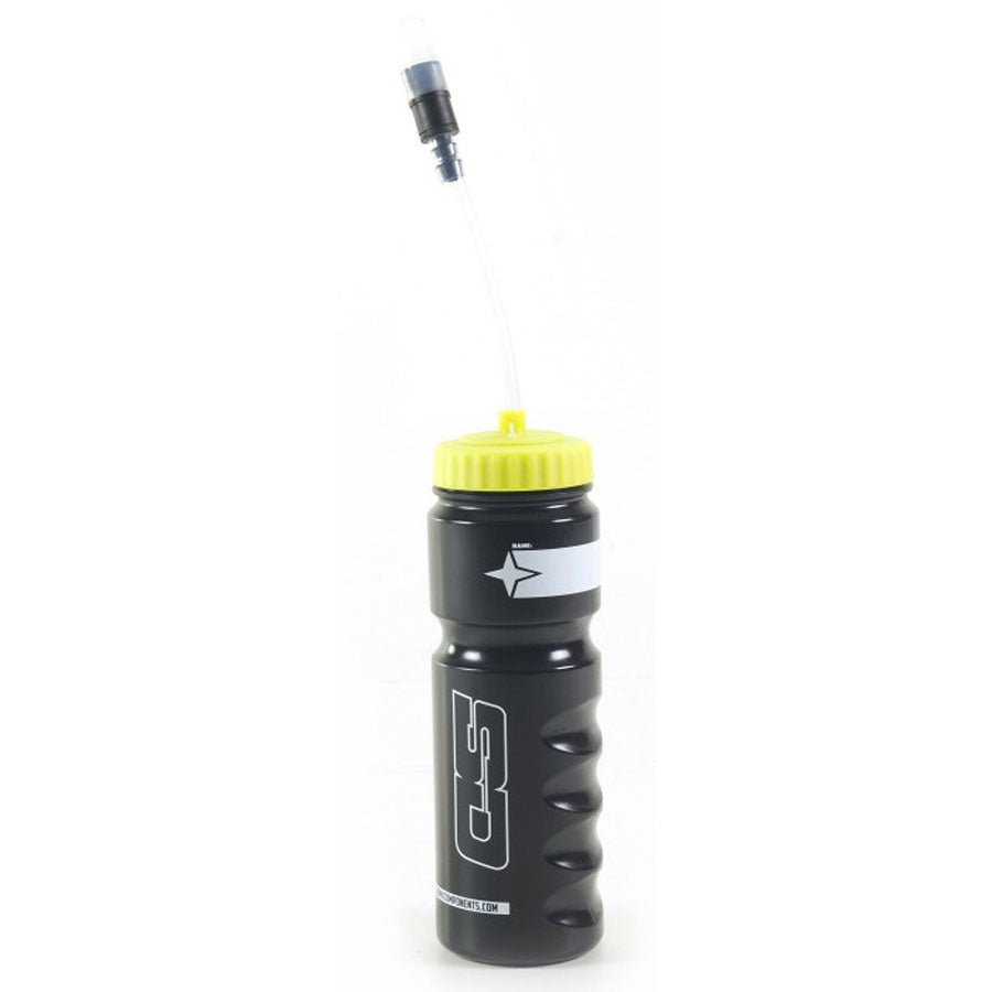 A black and yellow SD Water Bottle (With Straw) with a long-straw attached.