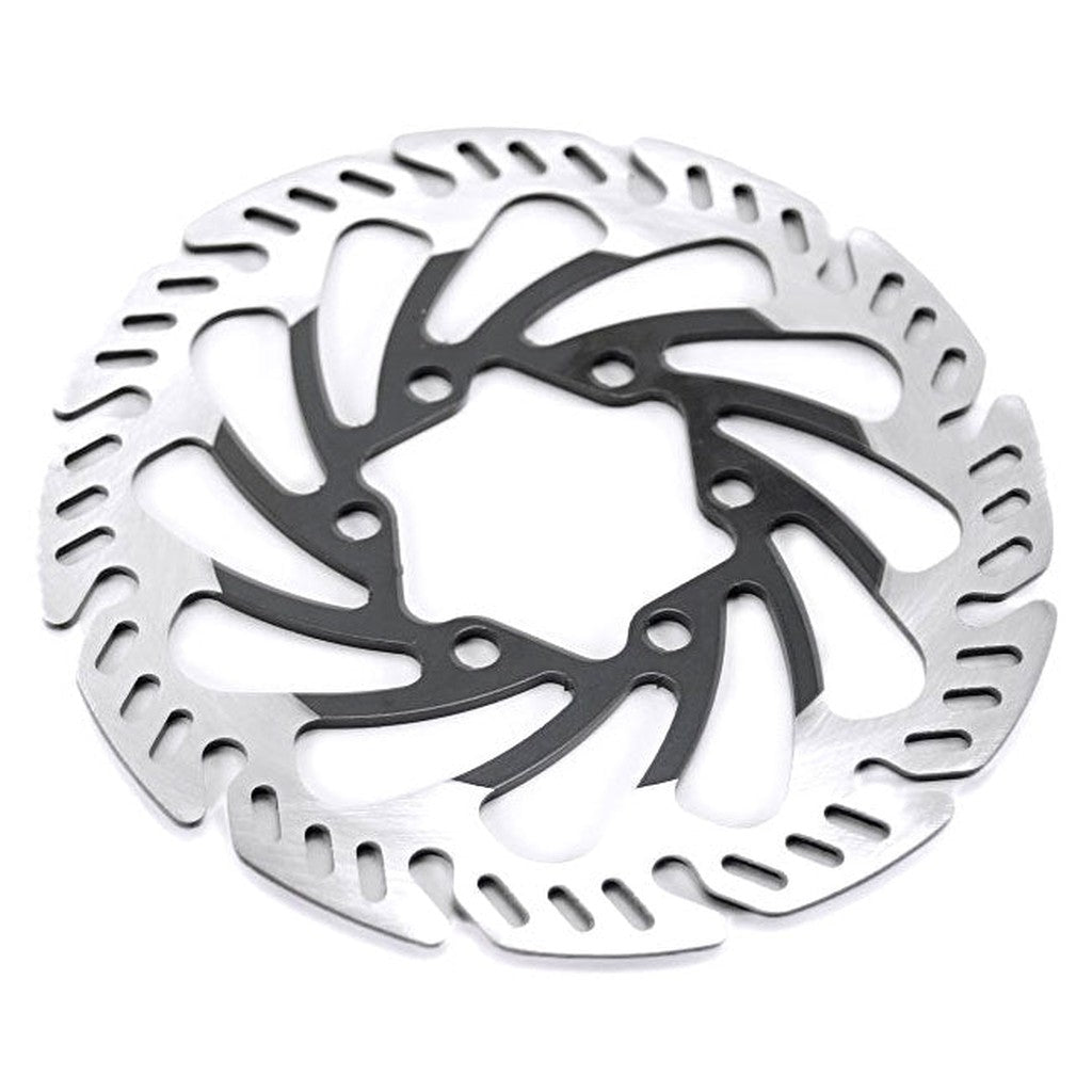 Close-up image of the SD Grimeca 120mm Disc Rotor showcasing intricate cutouts, a sleek silver and black design, and 6 bolt compatibility.
