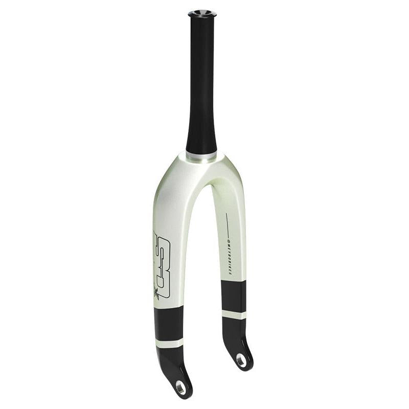 Image of a bicycle front fork showcasing a matte white finish with black lower sections. The fork displays the "GA Suspension" and "G2" labels on its sides. Featuring the SD Pro Tapered 1.5 V2 Carbon Fork 20 Inch 20mm model, it comes with SD V2 Pro Tapered Carbon forks and a 7000 series aluminium steerer tube, making it ideal for BMX SX racing.