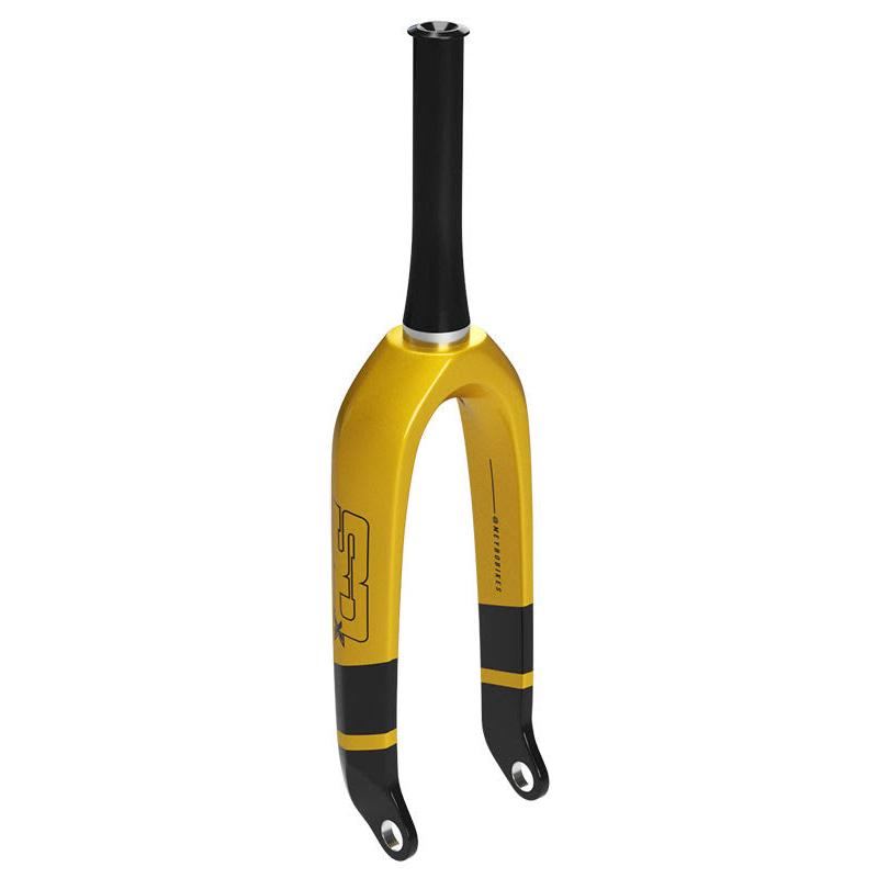 Image of a yellow and black SD Pro Tapered 1.5 V2 Carbon Fork 24 Inch 20mm with the letters "FS" and the word "SPIRIT" printed on the side, reminiscent of the high performance seen in BMX SX racing.