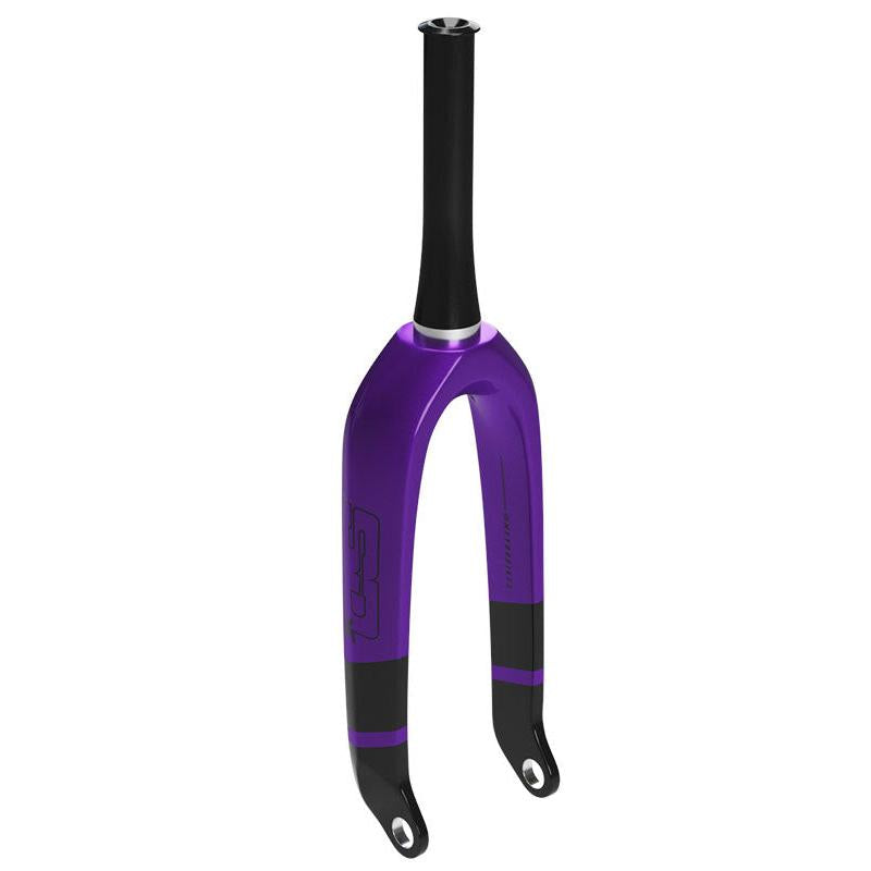 The SD Pro Tapered 1.5 V2 Carbon Fork 24 Inch 20mm, with a sleek purple and black design, features a tapered carbon steerer and integrated dropouts, making it perfect for BMX SX racing.