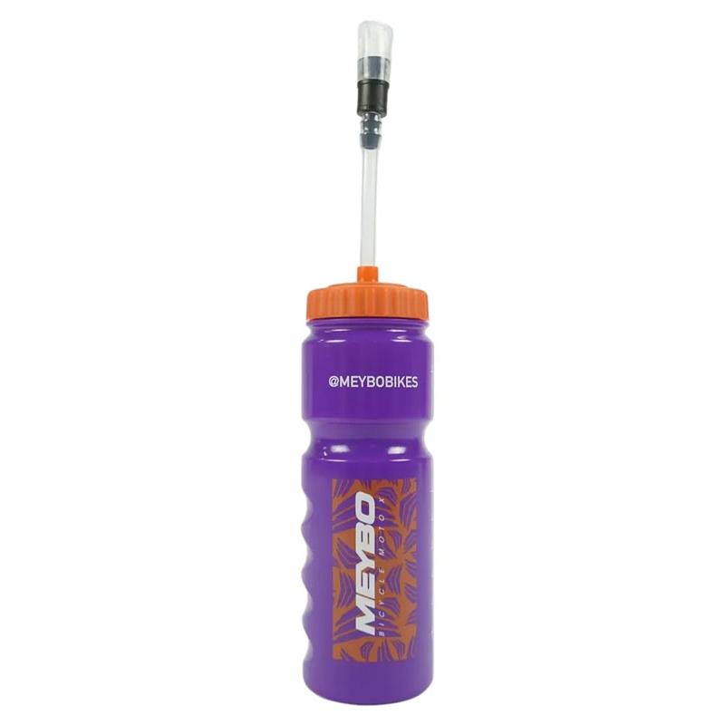 The SD Water Bottle (With Straw) features a purple body, orange lid, and long-straw attachment—ideal for sipping on the go, even while wearing your helmet.