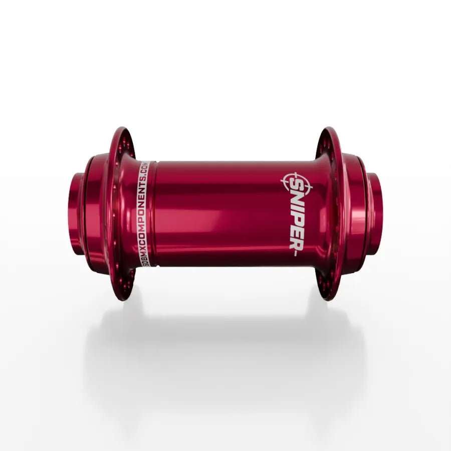 The SD-X Sniper Evo Pro 20mm Front Hub (36 Hole), shown in red anodized finish with "SNIPER" branding on the side, is displayed against a white background.