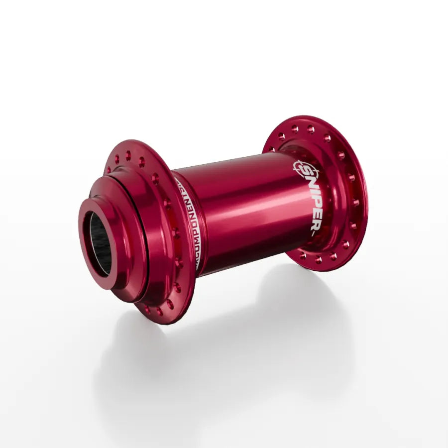 The SD-X Sniper Evo Pro 20mm Front Hub (36 Hole) is a high-performance BMX front hub with a red anodized finish, designed for 20mm setups and 36 spoke holes. Shown against a white background.