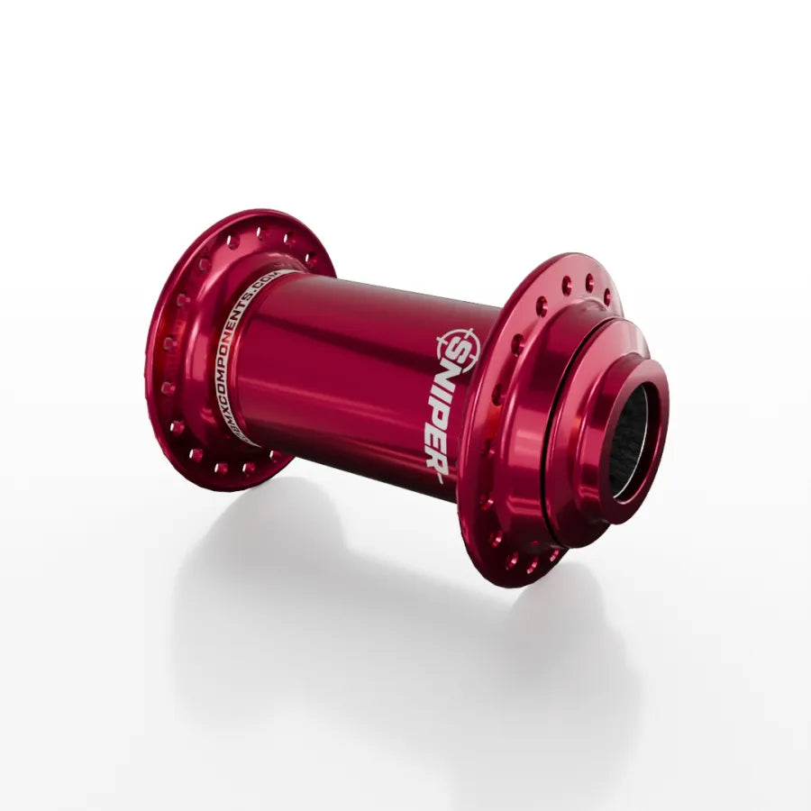 The SD-X Sniper Evo Pro 20mm Front Hub (36 Hole) is shown in red metallic with "SNIPER" labeling on a white background, making it an ideal BMX upgrade or direct replacement for your Evo Pro front hub.
