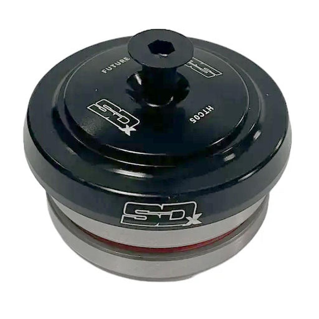The black and silver SD Boundary Tapered Headset, featuring a logo and markings, is designed for tapered frames with sealed bearings and is shown against a white background.