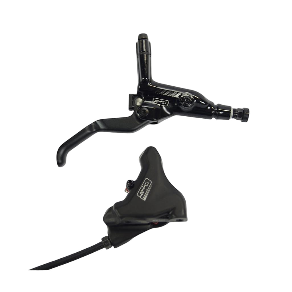 The SD Salvo Flat Mount Disk Brake Kit, a black hydraulic disc brake lever and caliper set for BMX racing, is displayed against a plain white background.
