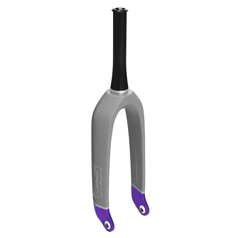 The SD Pro Tapered 1.5 V2 Carbon Fork 20 Inch 20mm (2026 Colours) features a gray and purple design with a black steerer tube, built for BMX SX racing and displayed against a white background.