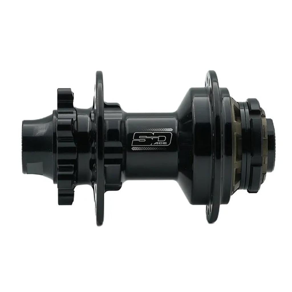 A black SD Ace V2 Rear 15mm Disk Hub with disc brake mount and multiple spoke holes, made for carbon race wheels, is shown from the side against a white background.