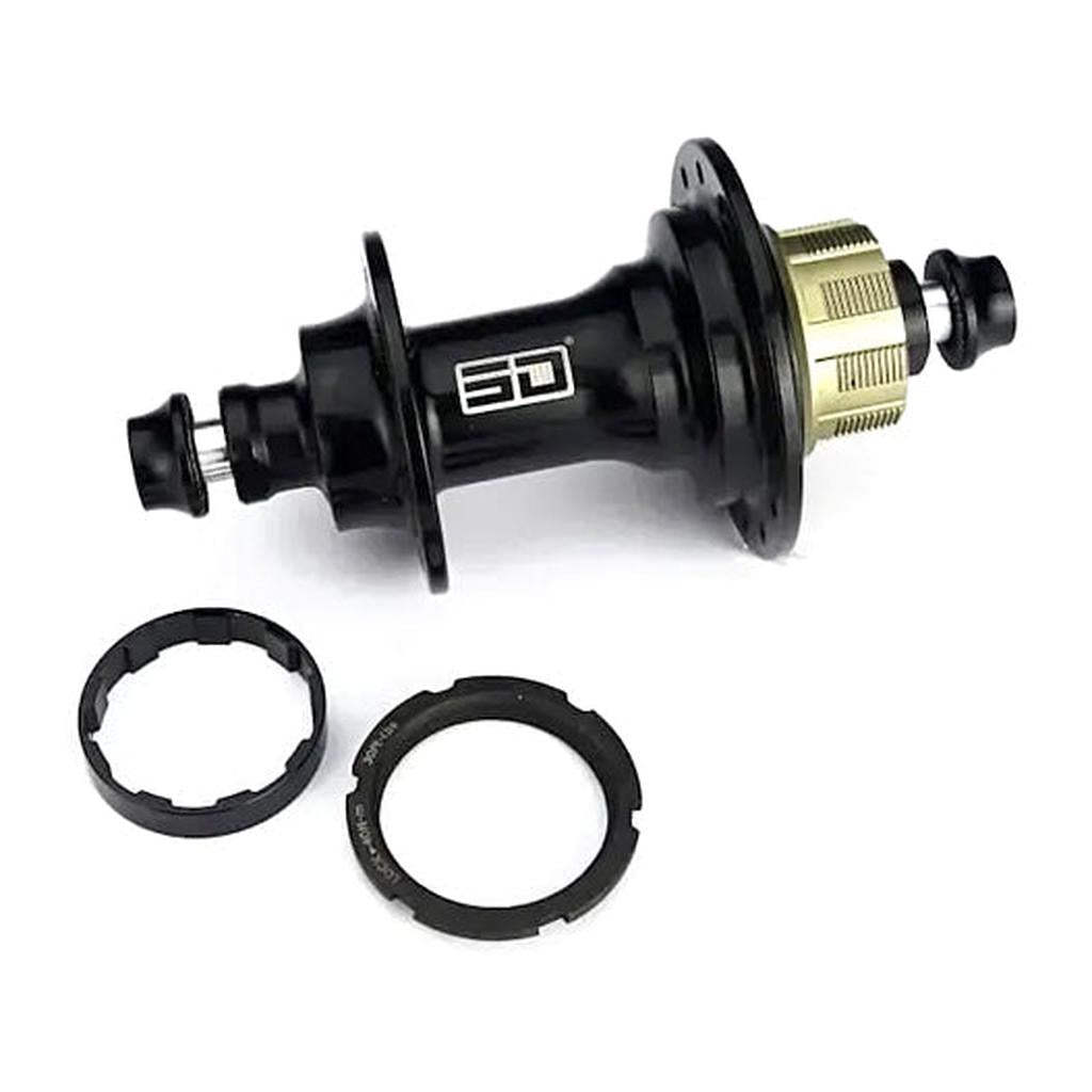 The SD Ace Expert Bolt On Rear Hub 28 Hole, shown in black with two lock rings beside it, is displayed on a white background.