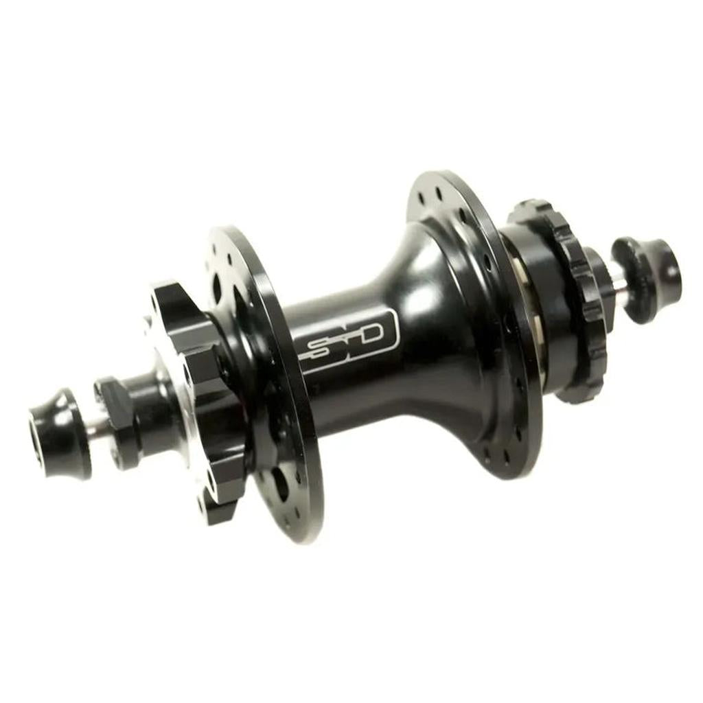 The SD Ace Expert Bolt On Rear Disc Hub 28 Hole is a black CNC machined aluminium hub with multiple spoke holes and an “SD” logo, displayed against a white background.