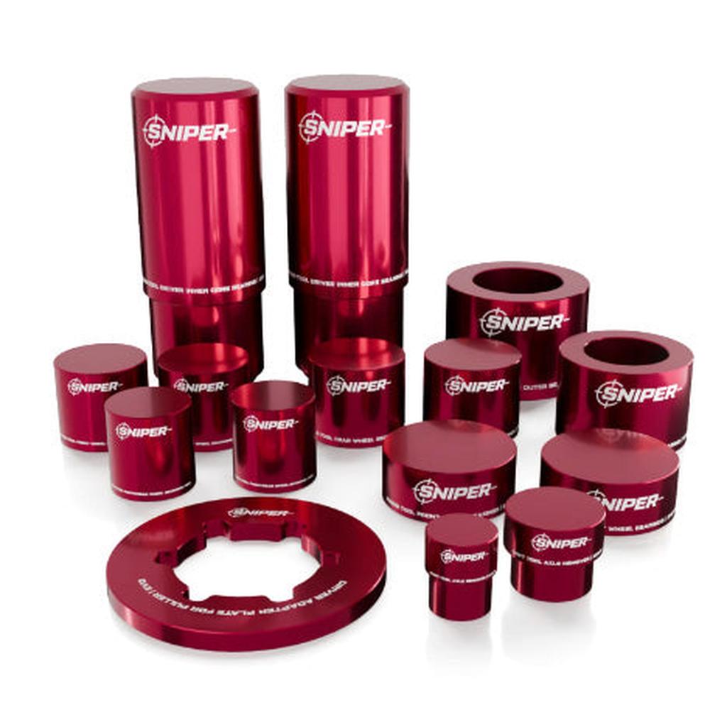 A set of red, cylindrical metal tools labeled “Sniper” in various sizes on a white background—part of the SD-X Sniper Evo Tool Kit for precise hub servicing.