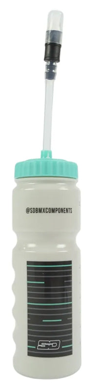 The SD and Meybo Water Bottles With Straw (2026 Colours) is a 700ml white sports bottle with a teal cap, long straw attachment, and black/teal "@SDBMXCOMPONENTS" graphics—ideal for your rehydration needs.