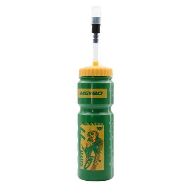 SD and Meybo Water Bottle With Straw 26.5 in the green Saya colourway, featuring a yellow cap, straw, and a yellow cyclist graphic.