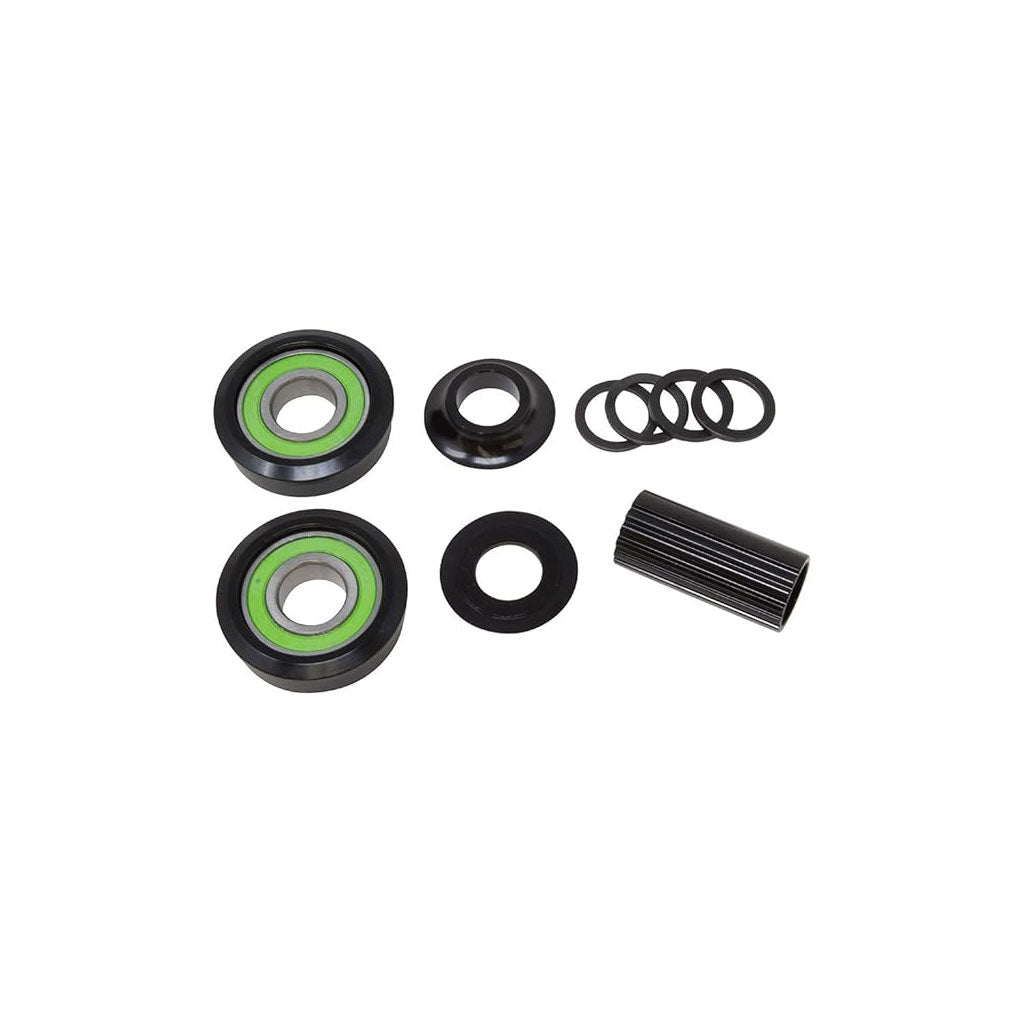 The Sealed USA 19mm Bottom Bracket includes two green-ring sealed bearings, a splined cylinder, washers, and circular spacers—all arranged on a white background.
