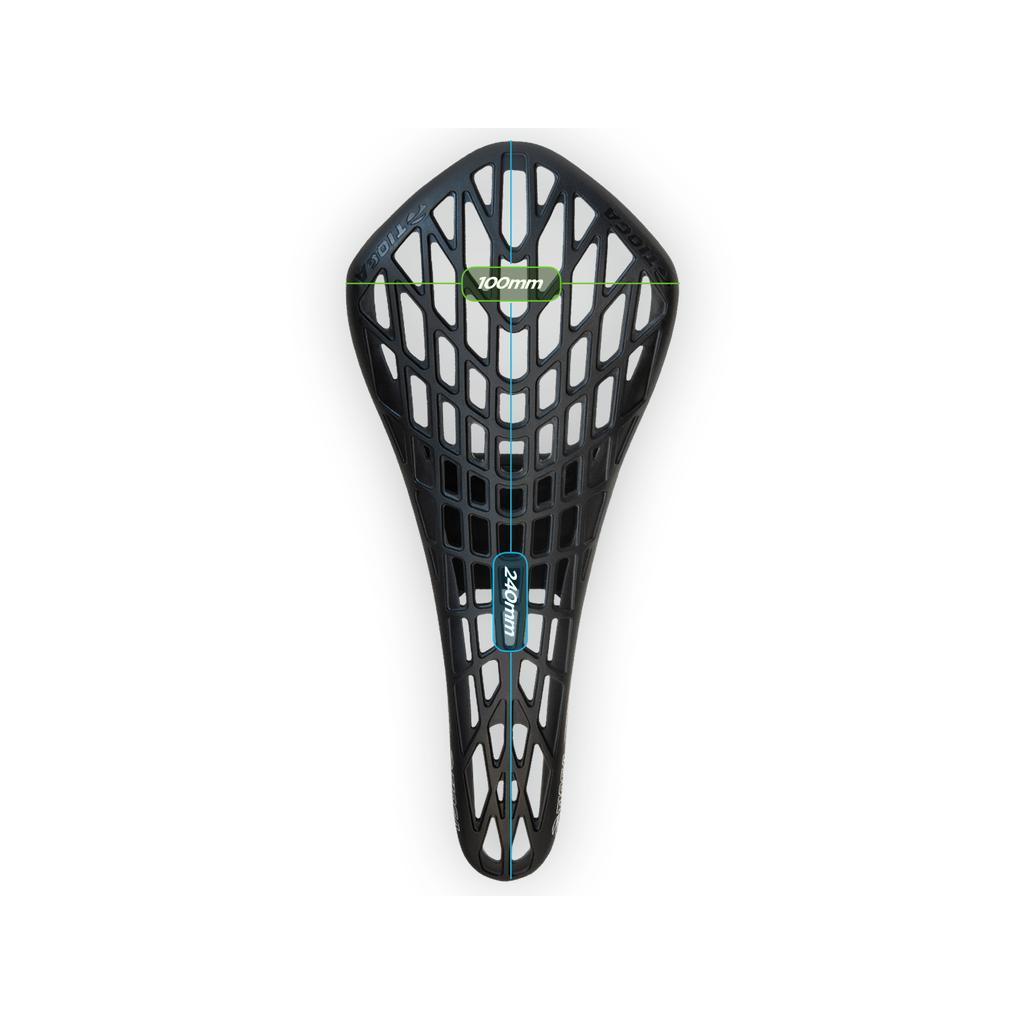 Top view of the Tioga D-Spyder Combo Seat - EVO Airofloat BMX saddle with a grid design, featuring blue measurement lines indicating widths of 100mm and 240mm.