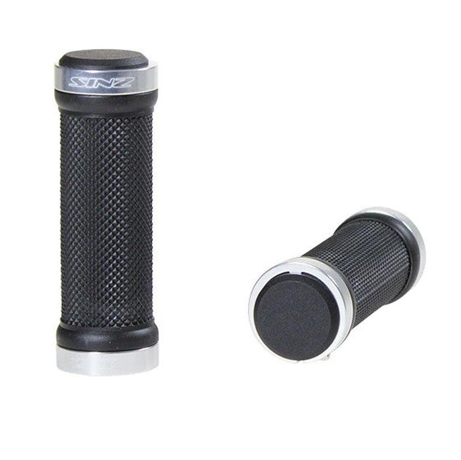 Two black and silver Sinz Mini Lock On BMX Grips with textured surfaces—one upright, one lying down—offer a secure hold and are perfect for your race bike.