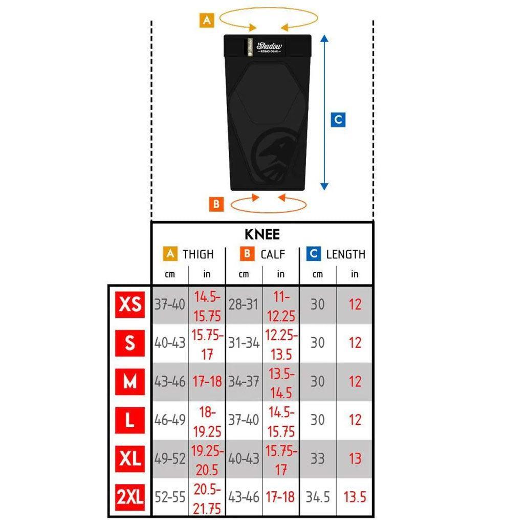 Size chart for Shadow Super Slim V2 Knee Pads, with XS–2XL sizes and thigh, calf, and length (cm) measurements. Top image labels points A (thigh), B (calf), and C (length) on the sleeve for easy reference.