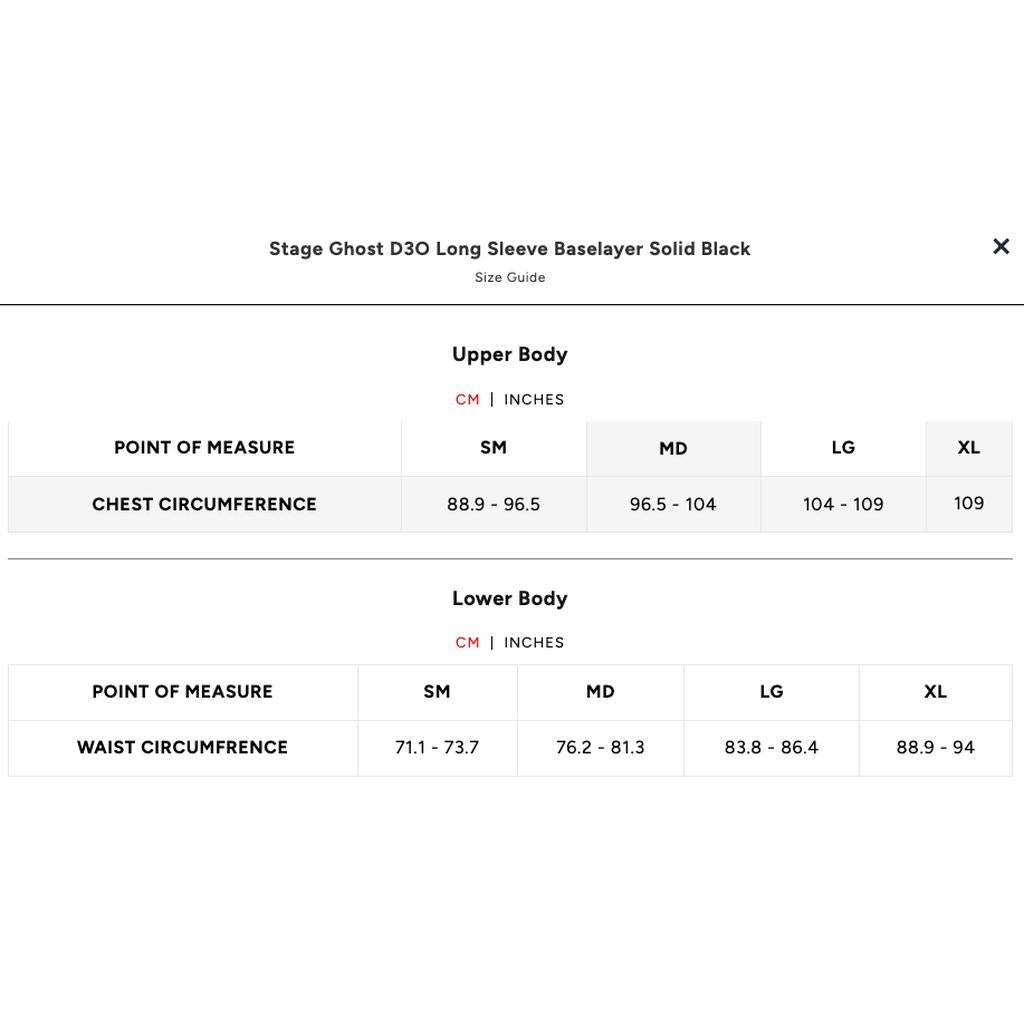Size guide for TLD 26.1 Stage Ghost D30 LS Protective Shirt Baselayer in black, with chest and waist circumference (cm) shown for sizes SM, MD, LG, and XL in our base layer collection.