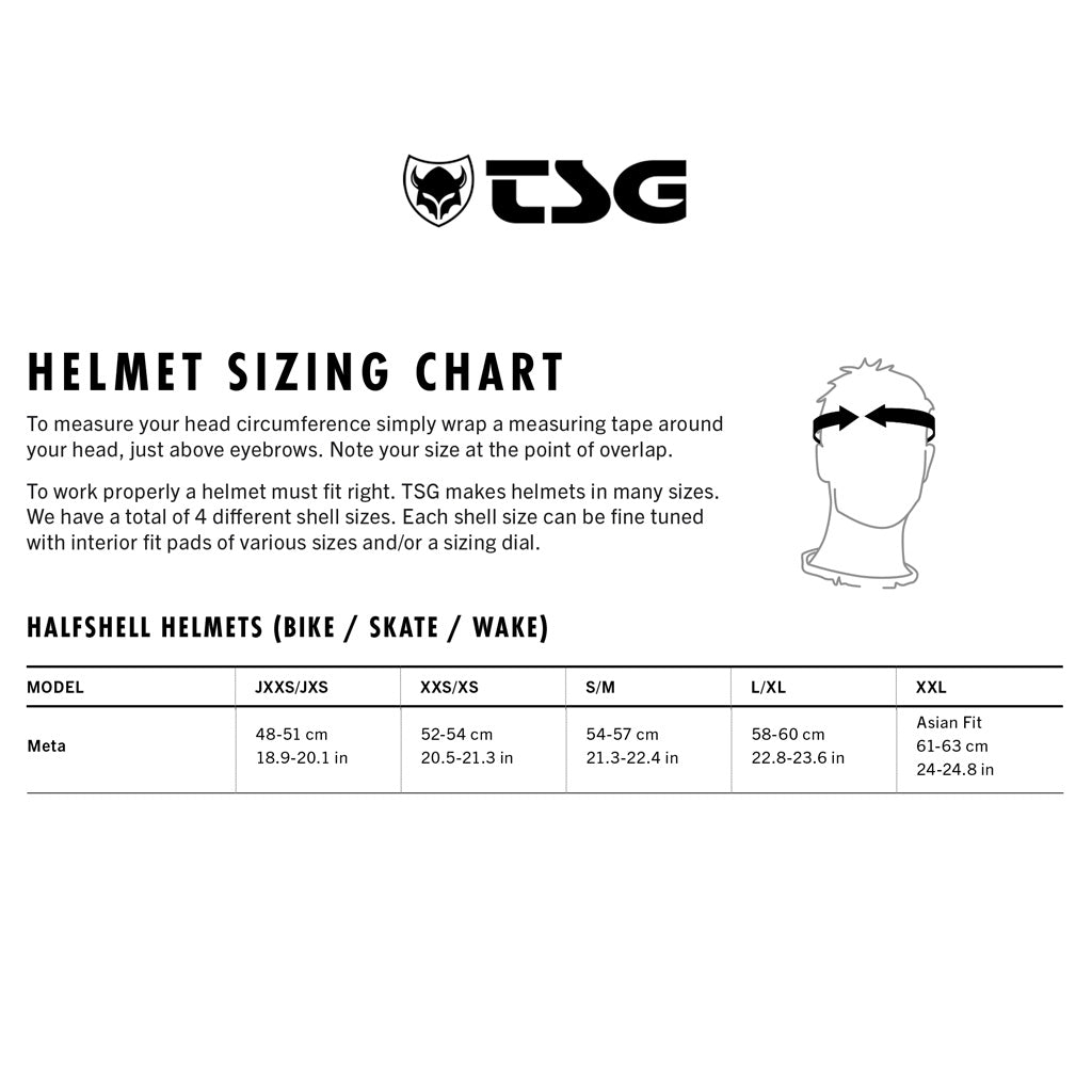 The TSG Meta Helmet Satin Black sizing chart includes instructions for measuring head circumference, size ranges for different shell sizes, and an illustration of measurement placement. The Dial Fit System ensures a secure fit for top BMX impact protection.