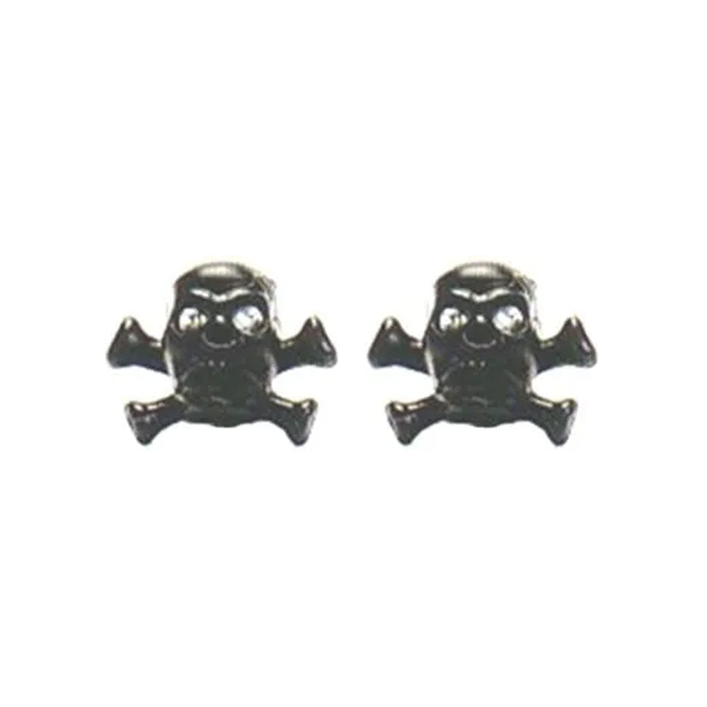A pair of small, metallic Skull & Crossbone Valve Caps with shiny eyes, perfect for fans of pirate BMX style, displayed on a plain white background.