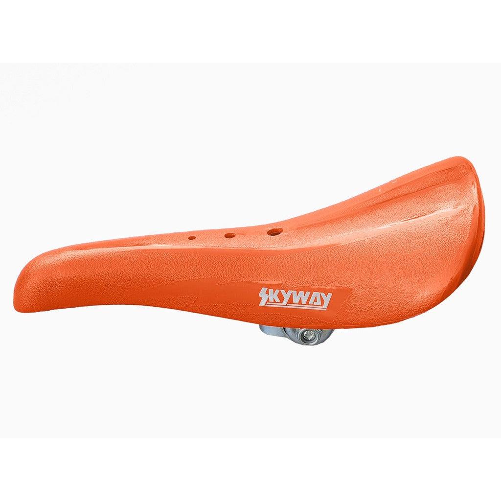 A orange Skyway Aero Nylon OEM Railed Seat on a white background.