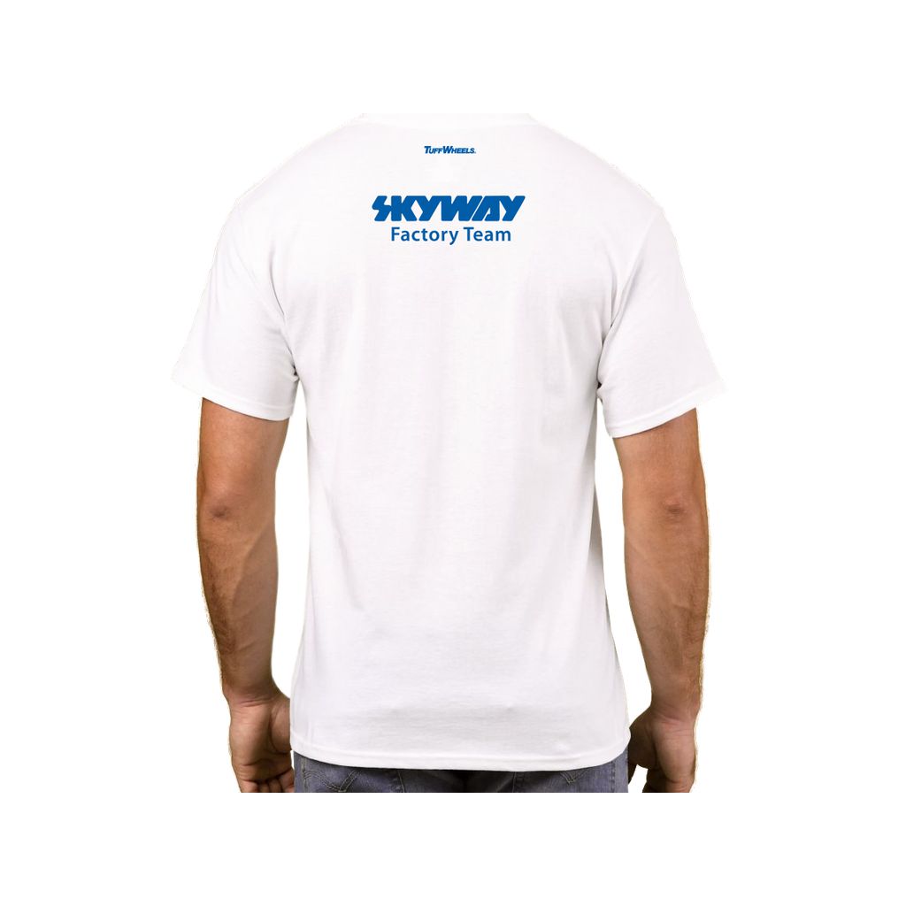 The back of a man wearing a white Skyway Factory Team USA T-Shirt.