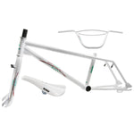 The Skyway Street Beat Replica Frame/Fork/Handlebar Kit in white includes the frame, fork, and handlebars—unassembled and shown on a white background. Ideal for custom builds or pairing with Tuff Wheels for your own BMX creation.