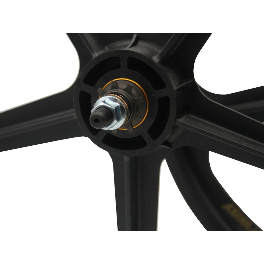 Close-up of a black wheel hub from the Skyway Tuff Graphite Gold Rivet Wheel Set (Cassette Model), showcasing five sleek spokes secured with a metal nut and bolt. The design utilizes lightweight Zytel Nylon to enhance durability and performance.